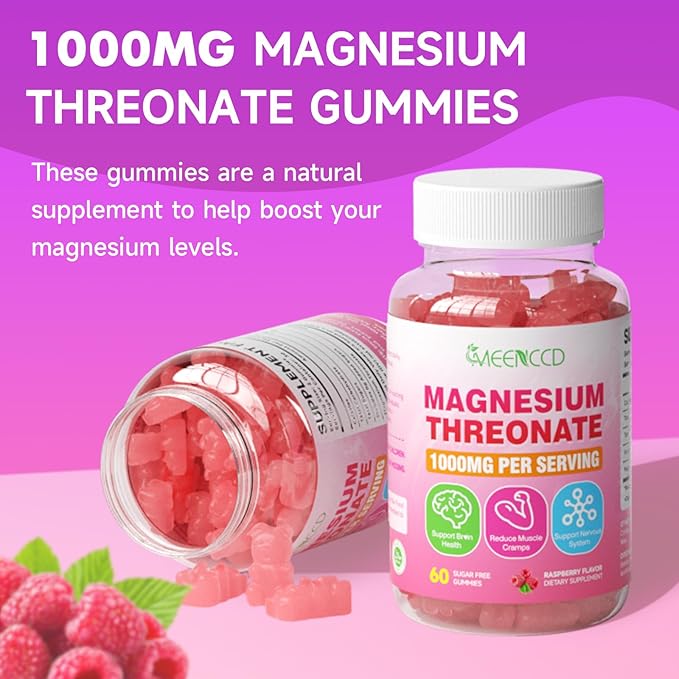 2 Pack Magnesium Threonate Gummies 1000mg, Magnesium L-Threonate Supplement for Kids & Adults, Muscle & Nervous System Support, Non-GMO, Sugar-Free, Raspberry Flavor, 120 Count