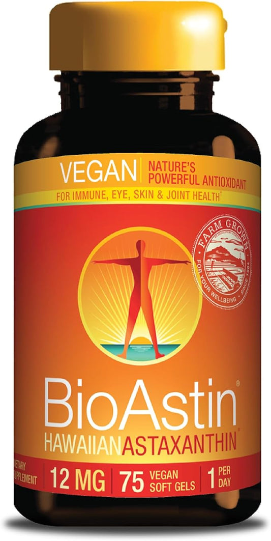 Nutrex Hawaii Vegan BioAstin Hawaiian Astaxanthin - 12mg, 75 Softgels - Farm-Direct Premium Antioxidant Supplement to Support Eye, Skin, Joint & Immune System Health - Non-GMO & Gluten-Free