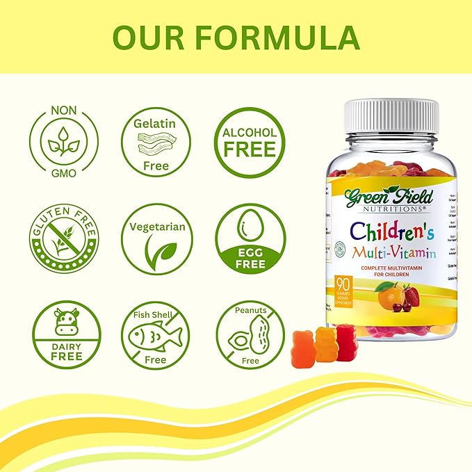 Greenfield Nutritions Kids Gelatin Free Halal Multivitamin Gummies - All Essential Halal Vitamins A, Bs, C, D, Iodine, Zinc for Immunity, Non-GMO, Children's Halal Vitamin Gummies (90 Count)