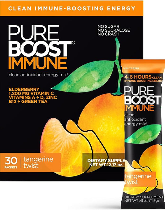 Pureboost Immune Clean Energy Booster, Refreshing Energy Drink Mix and Immunity Supplement with Elderberry, 1,200 mg Vitamin C, Vitamins A + D, and Zinc. Sugar-Free Energy (Tangerine Twist, 30 Count)