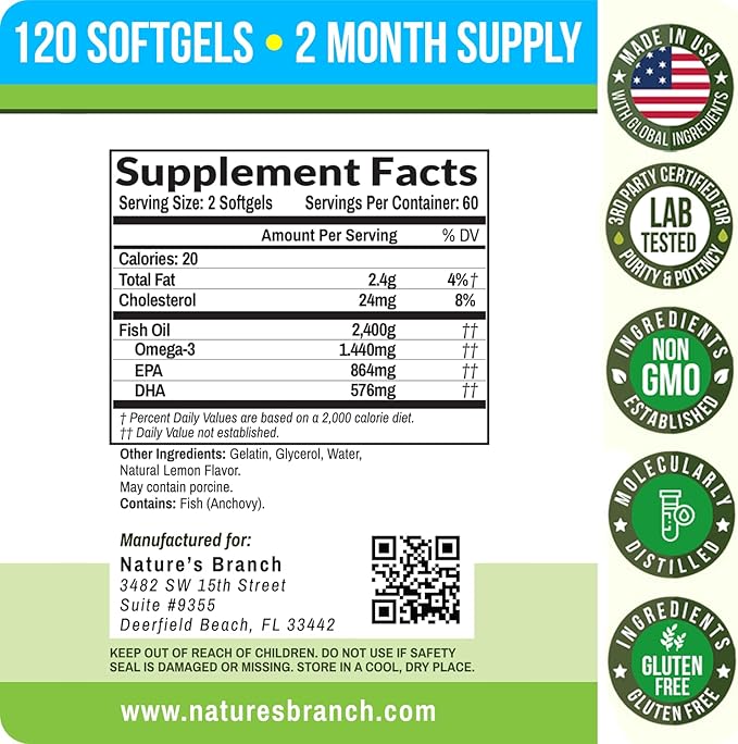 Best Triple Strength Omega 3 Fish Oil Pills 2400mg | 120 Capsules | Burpless High Potency Lemon Flavor | 864mg EPA 576mg DHA Ultra Pure Liquid Softgels | Brain Joints Eyes Hair Heart Health Supplement