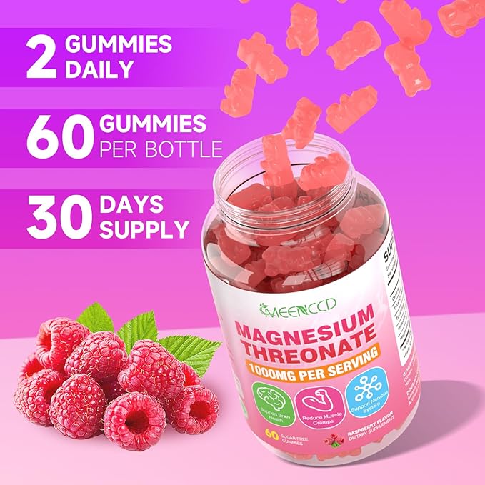2 Pack Magnesium Threonate Gummies 1000mg, Magnesium L-Threonate Supplement for Kids & Adults, Muscle & Nervous System Support, Non-GMO, Sugar-Free, Raspberry Flavor, 120 Count