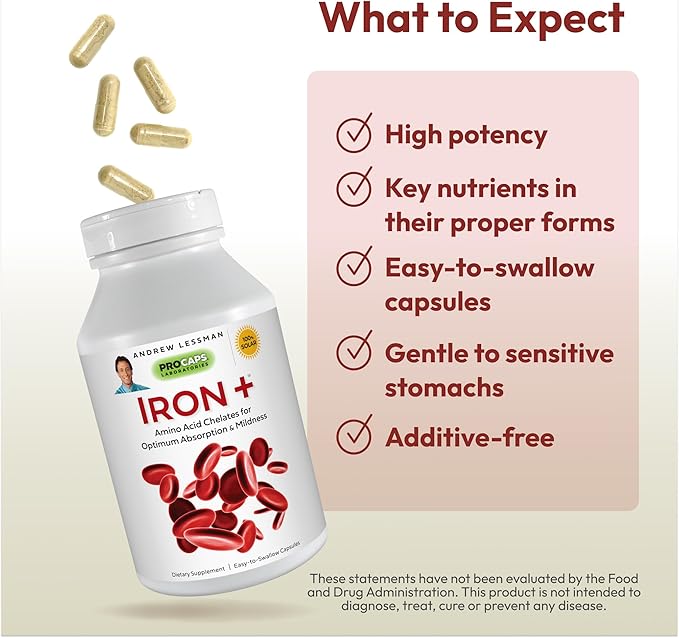 ANDREW LESSMAN Iron Plus 180 Capsules - 18mg Iron, 100% Pure Amino Acid Chelated Iron (Glycinate, Aspartate), Plus Vitamin C for Increased Absorption, Small, Easy to Swallow Capsules, No Additives