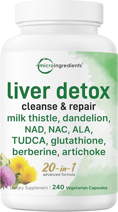 Liver Detox, 240 Veggie Capsules | 20-in-1 Advanced Support Complex with Milk Thistle, Dandelion, NAD, NAC, ALA, TUDCA, Glutathione, Artichoke, Turmeric, & More | Liver Cleanse & Repair Supplement