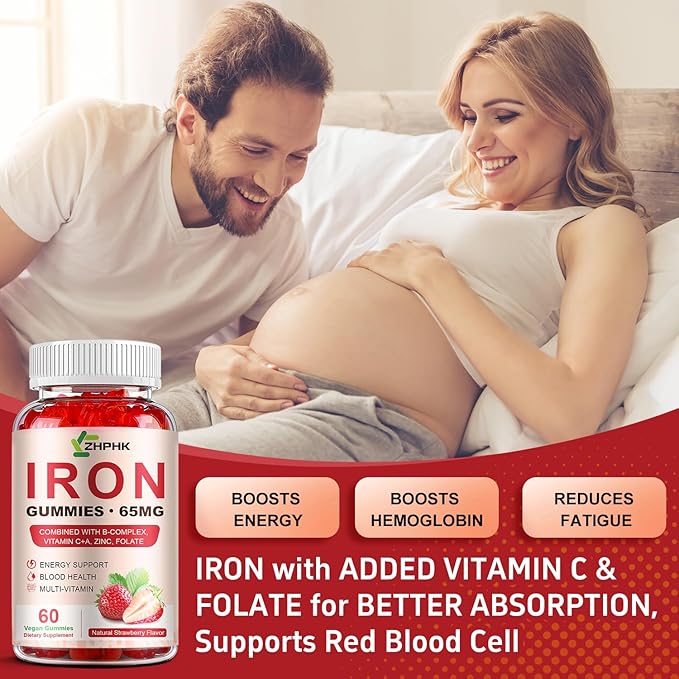 Iron Supplement Gummies for Women, Men & Kids, 65mg Iron & 250mg Vitamin C per Serving - Healthy Blood, Energy & Immune Support Iron Vitamin Gummy with Folate, 2 Pack