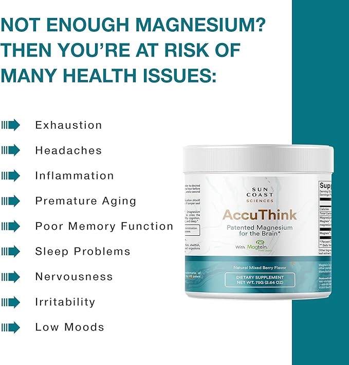 Sun Coast Science Sun Coast Sciences AccuThink - Patented Magnesium Brain - 2.64oz Memory Supplement Brain Health, Sleep, Mood Boost - Cognitive Support Supplement Magnesium Threonate Vitamin C
