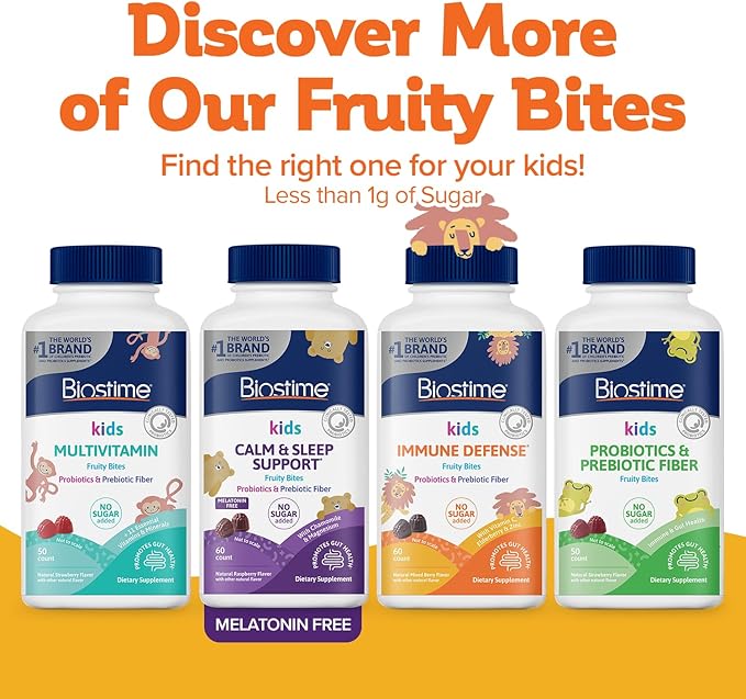 Biostime Kids immune support gummies|(Ages 4+) | Includes Vitamins D&C + Zinc & Probiotics | No Added Sugar |Kids Immune Defense Fruity Bites | Free from top 9 allergens | 60 Count