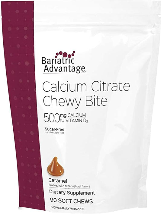 Bariatric Advantage Calcium Citrate Chewy Bites 500 mg - for Bariatric Surgery Patients - Vitamin D3 - Sugar-Free Chewable Calcium Supplement - Bariatric Calcium Chews - Caramel Flavor - 90 Count