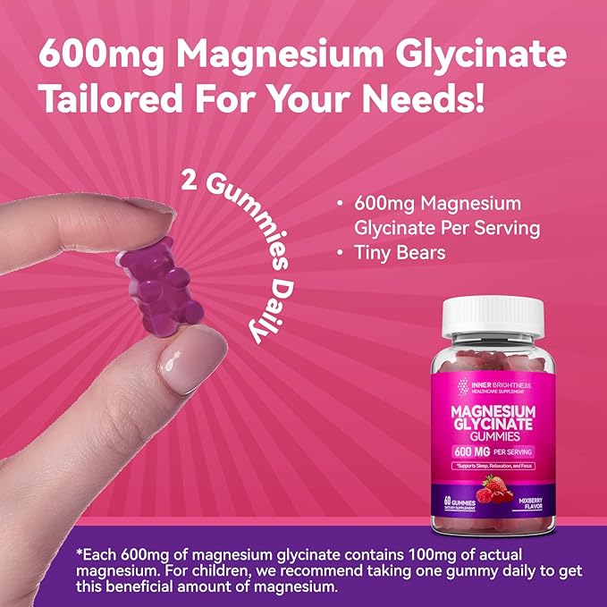 Magnesium Glycinate Gummies 600mg, Non-GMO, Gluten-Free, Magnesium Gummies for Adults, Sleep, Relaxation & Focus, Mixed Berry, 120 Count