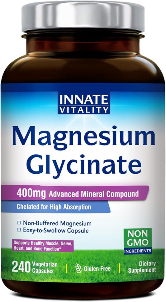 Innate Vitality Magnesium Glycinate 400mg, Non Buffered & High Absorption Magnesium Supplement for Sleep, Relaxation, Muscle & Bone Health for Men & Women, Non-GMO, No Gluten, 240 Vegan Capsules
