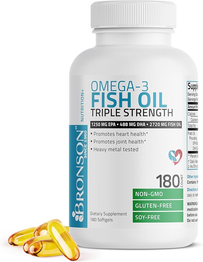 Bronson Omega 3 Fish Oil Triple Strength 2720 mg, High EPA 1250 mg DHA 488 mg, Non-GMO Heavy Metal Tested, 180 Softgels