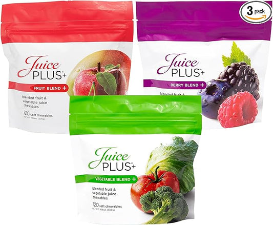JuicePlus+ Fruit, Vegetable & Berry Blend Soft Chews (Chewables) - 30 Plant-Based Ingredients! Vegan Gummies for Kids & Adults - Gluten-Free, Non-GMO, No HFCS - Prepacked 3 pouches (30 Adult Servings Each)