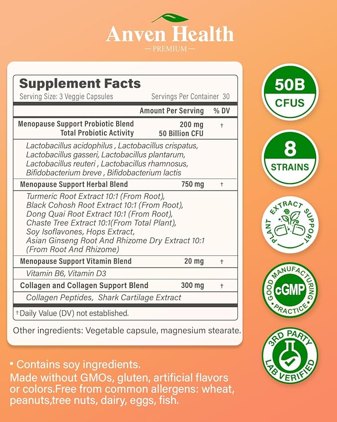 Menopause Supplements for Women - Probiotics for Menopause Relief, Hot Flashes, Night Sweats, Bloating & Gut Health with Herbs, Collagen, Vitamins, Gluten Free & Non-GMO | 90 Veggie Caps