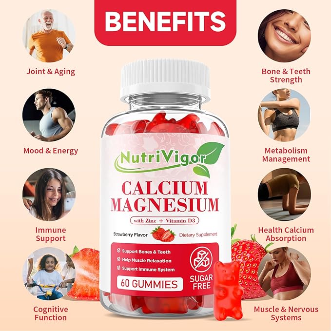 Calcium Magnesium Zinc Gummies with High Absorption Magnesium 300mg, Calcium Supplement with D3 for Bone, Muscles & Immune Support for Kids & Adults, Strawberry Flavor, 60 Count