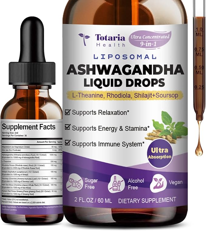 Liposomal Ashwagandha Liquid Drops (7% Withanolides) w/Soursop Bitters, L-Theanine, Magnesium, Shilajit, Maximum Absorption, Natural Energy, Cortisol Health for Women & Men, Non-GMO, 2 Fl Oz