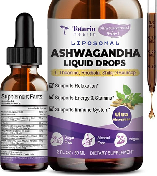 Liposomal Ashwagandha Liquid Drops (7% Withanolides) w/Soursop Bitters, L-Theanine, Magnesium, Shilajit, Maximum Absorption, Natural Energy, Cortisol Health for Women & Men, Non-GMO, 2 Fl Oz