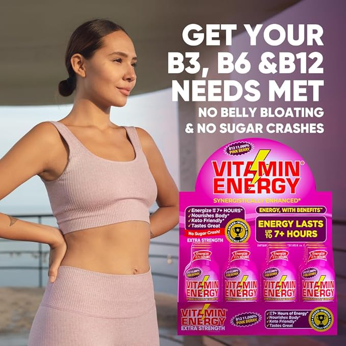 Vitamin Energy B12 11,000% Extra Strength Energy Shot Pink Berry 24 Pack, 260mg Natural Caffeine, B12 & B6, Nootropic Focus, Vitality, Zero Sugar, Gluten-Free, Vegan, Kosher, 1.93 fl oz