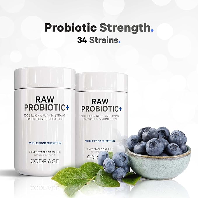Codeage Raw Probiotic+ Supplement - 34 Probiotic Strains, 100 Billion CFUs, Raw Whole Food Probiotics, Digestive Enzymes, Raw Fruits & Veggies Prebiotics - Wild Kefir Culture - Non-GMO - 30 Capsules