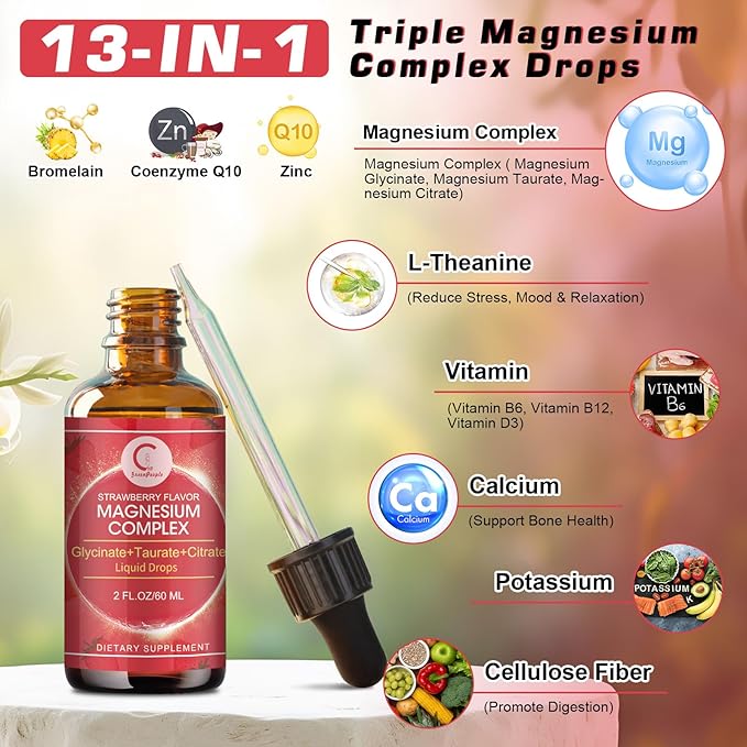 Triple Magnesium Complex Liquid Drops - Magnesium Glycinate Liquid Drops, Taurate & Citrate with L-theanine, Vitamin B6 for Sleep, Muscle, Immune Health, Vegan, Non-GMO, Strawberry Flavor, 2 Fl OZ