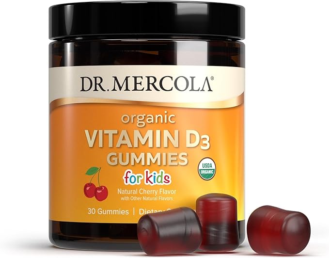 Dr. Mercola Organic Vitamin D3 Gummies for Kids, 30 Servings (30 Gummies), 1,000 IU, Natual Cherry Flavor, Dietary Supplement, Bone & Immune Support, Non-GMO
