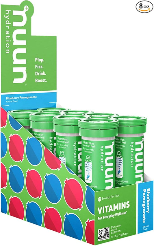 Nuun Hydration Vitamins Electrolyte Tablets, Blueberry Pomegranate, 5 Essential Electrolytes for Hydration + Vitamin A, B6, C, D, E, with Magnesium, Vegan, Non-GMO, 8 Pack (96 Servings)