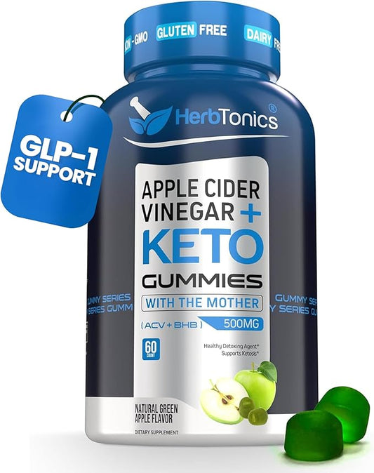 Herbtonics Keto Apple Cider Vinegar Gummies | Digestion & Detox | GLP-1 Support | Sugar Free BHB Advanced Formula for Keto Support - Raw ACV with The Mother - 60 Vegan ACV Gummies