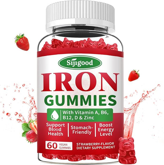 Iron Gummies for Women & Men - Vegan Iron Supplement for Anemia & Iron Deficiency, with Vitamin B12, Vitamin C, Zinc, Folate - Energy Boost, Sugar-Free, Strawberry Flavor, 60 Count