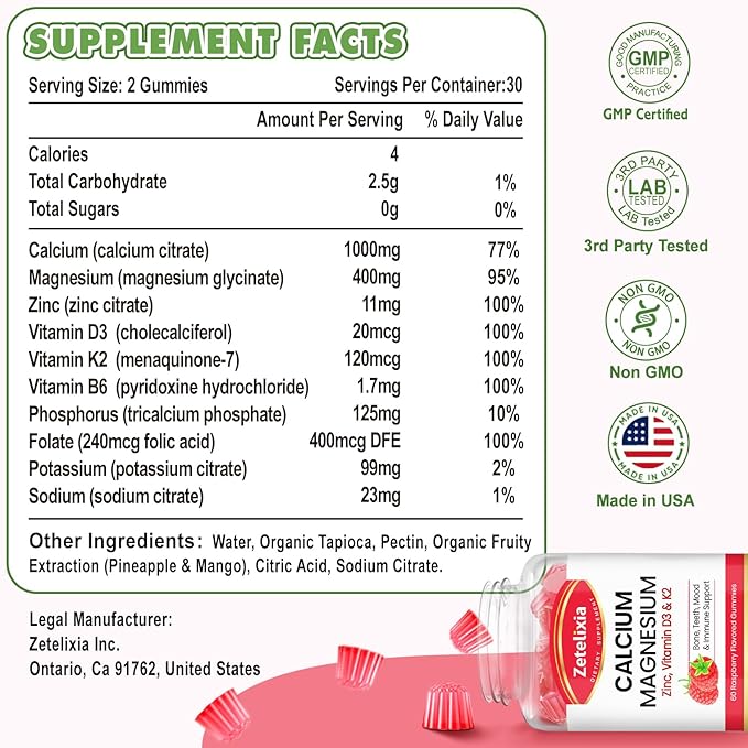 Calcium Magnesium Zinc Gummies with Vitamin D3 & K2, Calcium Gummies for B0nes Muscles, Women & Men, Raspberry Flavor - 120 Count