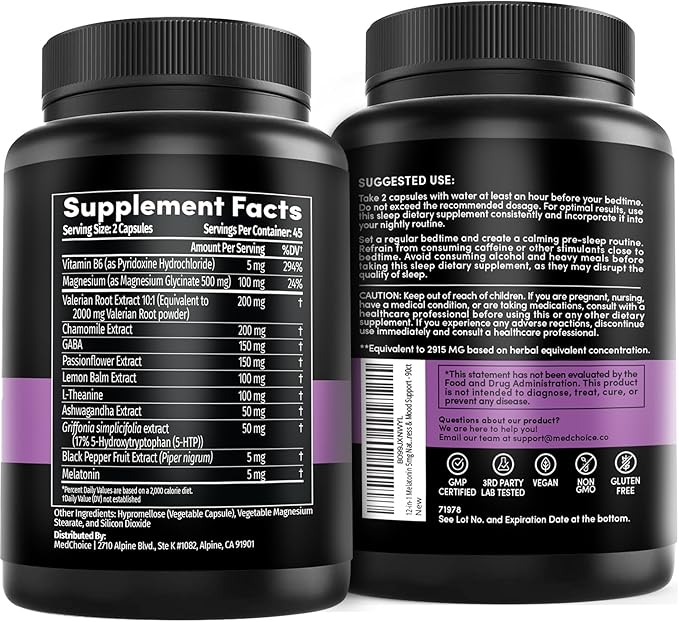 12-in-1 Melatonin Sleep Capsules - Natural Sleep Aids for Adults with Melatonin 5mg and Magnesium Glycinate 500mg, Sleep Aid with Ashwagandha, L Theanine, Valerian Root, GABA, 5-HTP (90ct, Pack of 2)