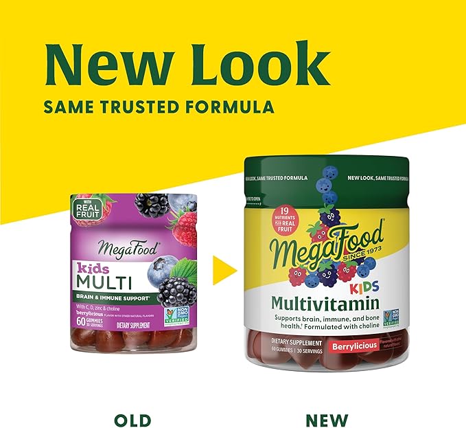 MegaFood Kids Multivitamin Gummies - Kids Vitamins - Age 4+ with Vitamin C, Vitamin D, Zinc, Choline, and Real Fruit - Brain & Immune Support - Berrylicious Flavor - 60 Gummies (30 Servings)