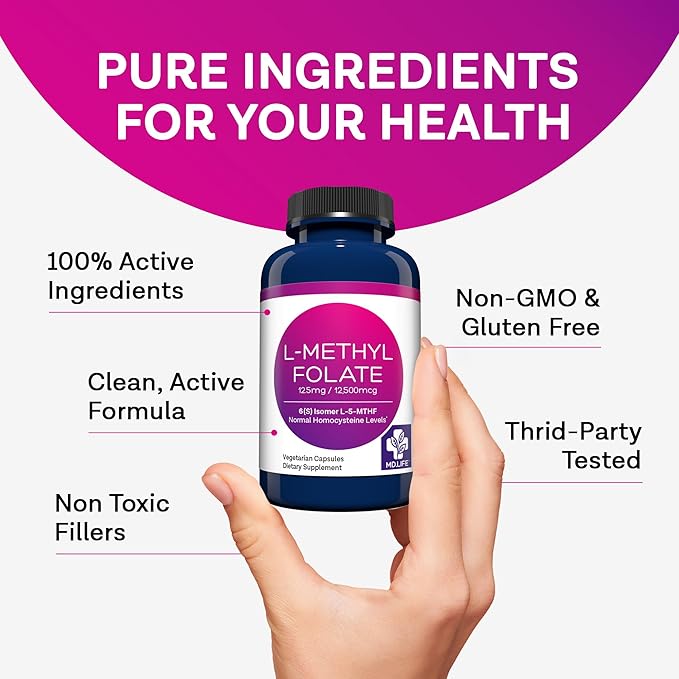 MD Life L Methylfolate 12.5 mg - Professional-Grade Active Methylfolate Supplement - Maximum Potency MTHFR Supplements - L-methylfolate 12.5mg 60 Capsules - Essential Amino Acids