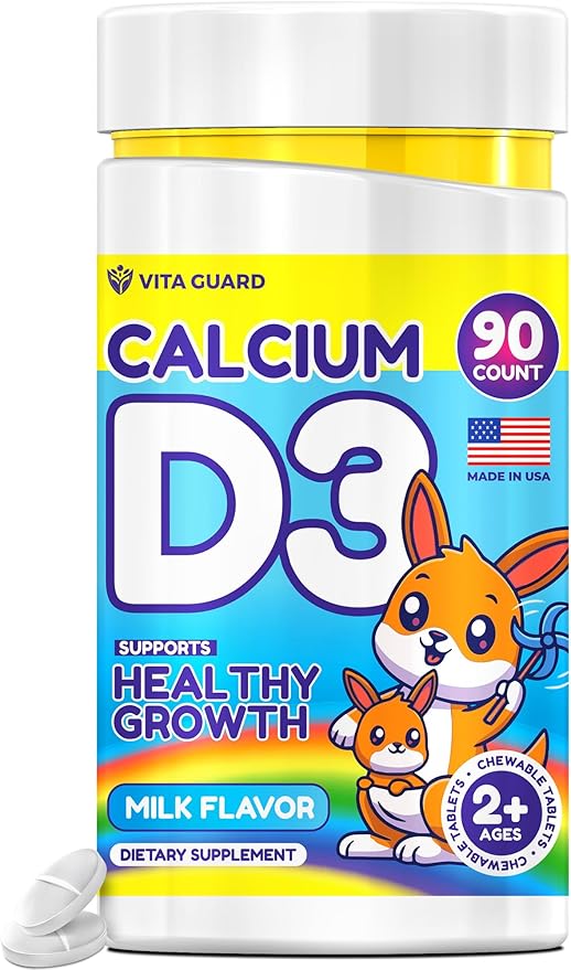 Calcium D3 Chewable Tablets for Kids – 640 mg Calcium & 320 IU Vitamin D3 – Non-GMO, Milk Flavor – Bone & Teeth Support Supplement – 90 Tablets for Ages 2+
