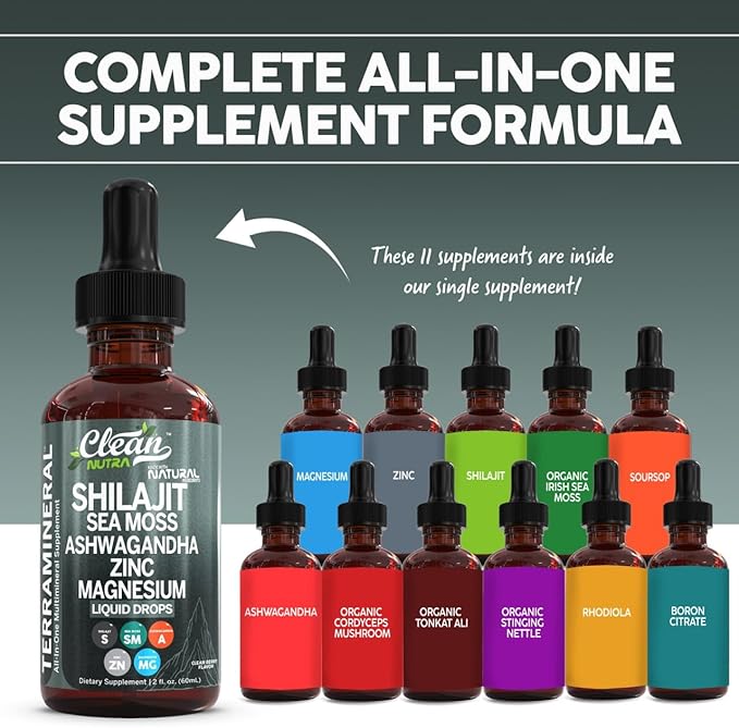 Clean Nutraceuticals Shilajit Liquid Drops with Sea Moss, Ashwagandha, Zinc, Magnesium, Liquid Vitamins for Women and Men - Terra Mineral