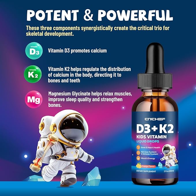 Vitamin D3 K2 Drops for Kids - Liquid Supplement with Magnesium for Calcium Absorption, Joint Health, Teeth & Heart - Non-GMO, Vegan, Orange, 2 Fl Oz - Kids Ages 4+