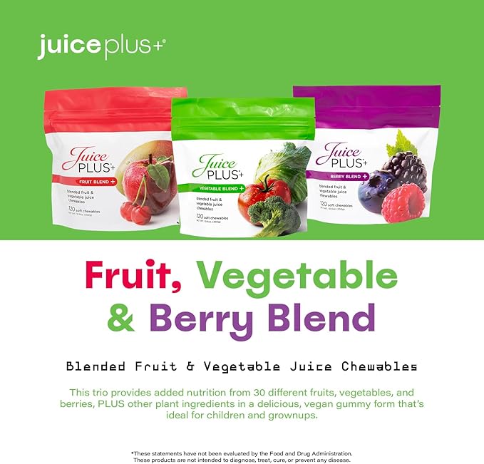 JuicePlus+ Fruit, Vegetable & Berry Blend Soft Chews (Chewables) - 30 Plant-Based Ingredients! Vegan Gummies for Kids & Adults - Gluten-Free, Non-GMO, No HFCS - Prepacked 3 pouches (30 Adult Servings Each)