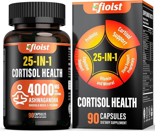 Cortisol Health Supplement, 25-in-1 Cortisol Reducer for Women & Men, Cortisol Supplements for Women with Ashwagandha, Rhodiola Rosea, L-Theanine, for Mood, Focus, Sleep Support, 90 Capsules