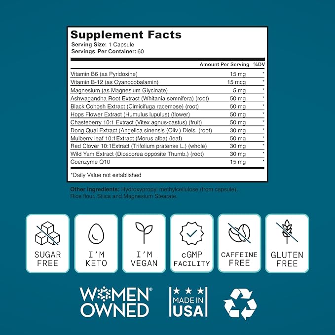 Menopause Support for Women -All-Natural, Hormone-Free Perimenopause & Menopause Support. Unique Blend for Hot Flashes, Mood, Energy, Sleep & More. Vegan, Gluten-Free, 60 Capsules.