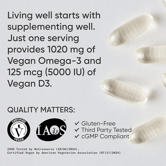Sports Research® Vegan Omega-3 + Vitamin D3 5000iu (125mcg) - Vegan Certified · Carrageenan Free · Gluten Free - 60 Plantgel® Capsules