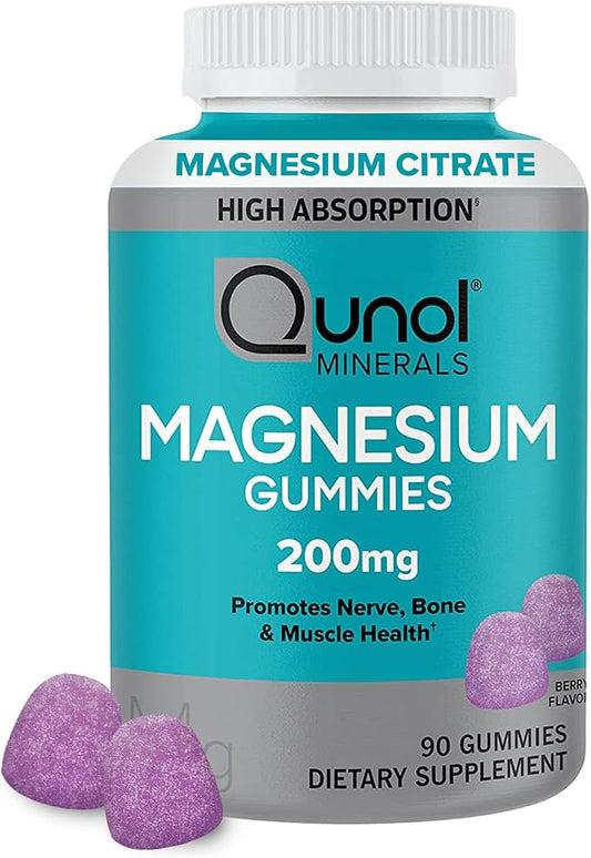 Qunol Magnesium Gummies for Adults, 200mg Elemental Magnesium (from 1,750mg Magnesium Citrate), High Absorption Magnesium Supplement, Supports Nerve, Bone and Muscle Health, Vegetarian, 90 Count
