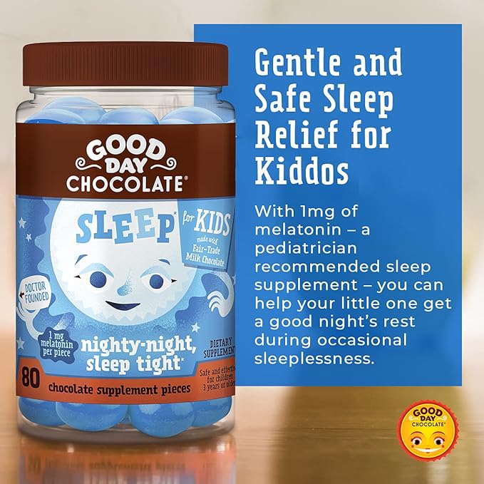 Good Day Chocolate Melatonin for Kids [80 Count] - Fair Trade Non-GMO Chocolate with Chamomile and Melatonin 1 mg - Toddler Melatonin, Kids Natural Sleep Aid for Ages 3 and Up