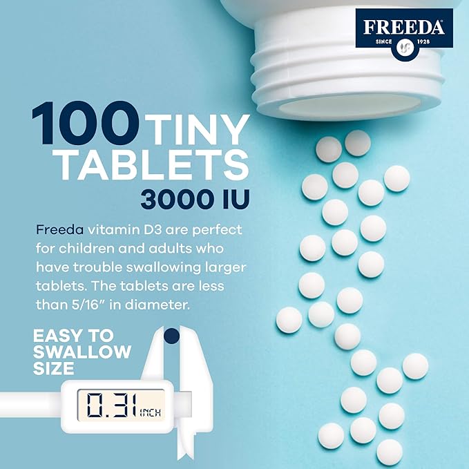 FREEDA Vitamin D3-3000 IU - Pure High Potency Kosher Supplement Tablets - Bone and Muscle Health, Calcium Absorption, Immune Support for Men and Women* - 100 Tiny Tablets