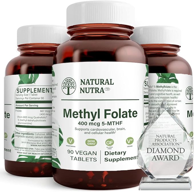 Natural Nutra Active Methyl Folate Supplement with Quatre Folic, Helps to Brain Health, Improve Heart Health, Support Body Health, Promotes Cell Health, Boost Body's Immune System, 90 Vegan Tablets