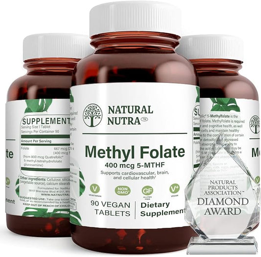 Natural Nutra Active Methyl Folate Supplement with Quatre Folic, Helps to Brain Health, Improve Heart Health, Support Body Health, Promotes Cell Health, Boost Body's Immune System, 90 Vegan Tablets