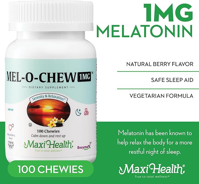 Chewable Melatonin, Kosher Berry Flavor, 1mg Melatonin for Adults or Teens, Natural Aid for Adults, Melatonin Chewables Alternative to Melatonin Gummies Higher 1 mg Dose, Maxi Health (100 Count)