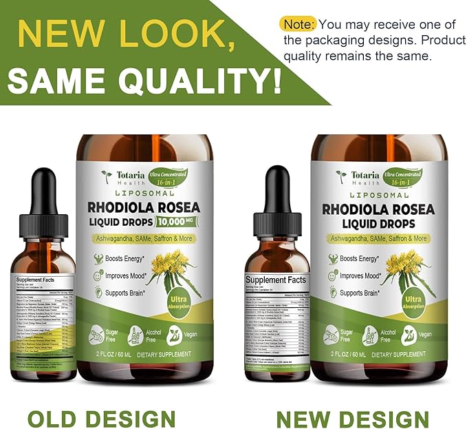 Liposomal Rhodiola Rosea Tincture, Ultra Strength Rhodiola Supplement with Ashwagandha, Saffron, Magnesium, SAM-e, Rhodiola Rosea Extract Liquid Drops for Natural Relaxation, Mood, Energy, Pack of 2