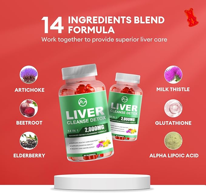 Liver Cleanse Detox & Repair Gummies, Sugar Free Liver Health Support Supplement with 2000mg Milk Thistle, Glutathion, Dandelion, Alpha Lipoic Acid, Artichoke, 2 Pack, 180 Count, Raspberry Flavor