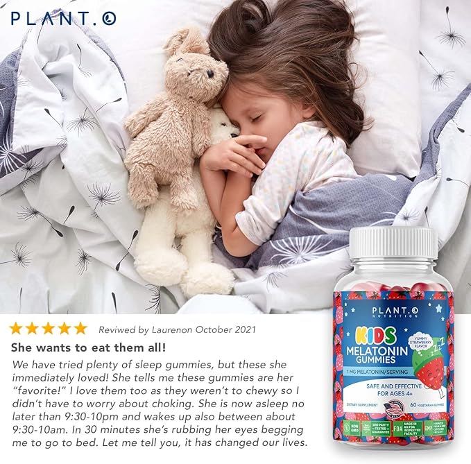Kids Melatonin Gummies [Fall Asleep Faster with 100% Drug Free Strawberry Cream Flavored Gummy] for Natural Sleep Support | Vegetarian, Gluten Free | 60 Children’s Melotonin Chewables