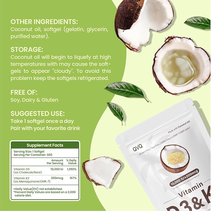 300 Pcs 2 in 1 Vitamin D3 10000 iu Plus K2 (MK-7) 200 mcg Virgin Coconut Oil Softgels with Vitamins D & K Supports Calcium Absorption, Bone, Immune, & Heart Health – Easy to Swallow