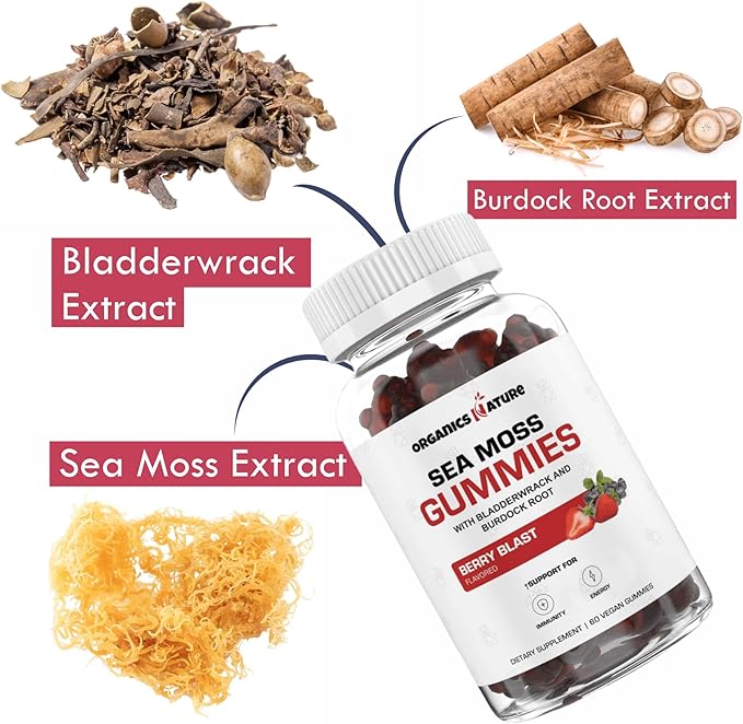 ORGANICS NATURE Irish Sea Moss Gummies for Lung Detox, Thyroid, Strength Immune & Energy Support, Vegan Seamoss Gummies for Kids & Adults - 60 Vegan Gummy Bears Berry Flavored