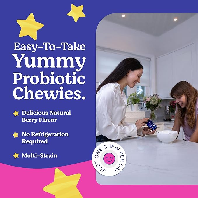 lovebug PROBIOTICS for Kids – Probiotic Chewables with Prebiotic Fiber for Age 4+, Daily Children's Gut Health, Constipation, Digestive & Immune Support Supplement, Sugar-Free Berry Flavor, 30 ct
